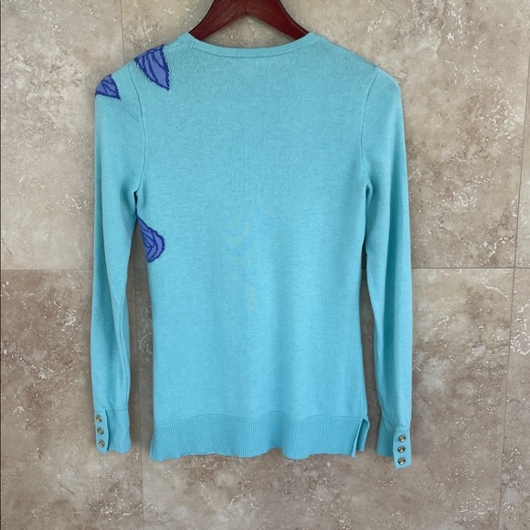 Lilly Pulitzer Blue Green Sweater Palm Leaf Intarsia Knit Medium Wool Blend - Picture 4 of 11